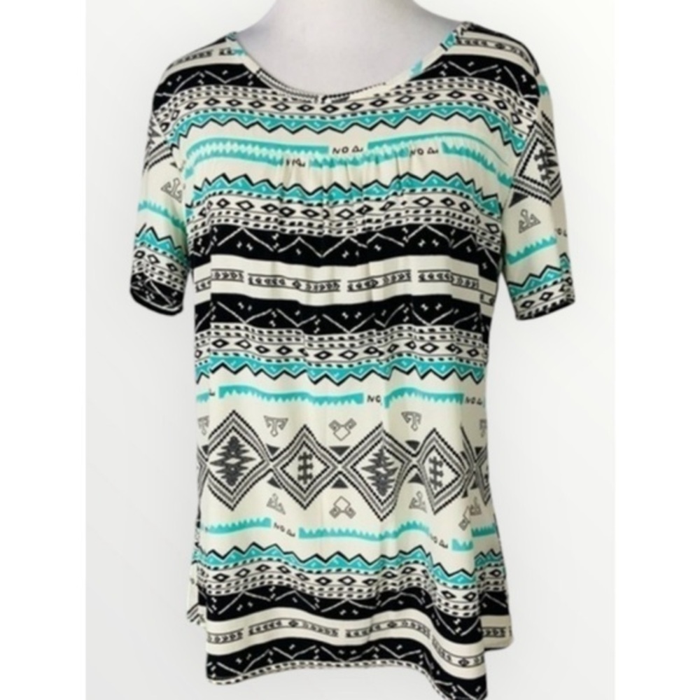 Francesca’s Black & Teal Aztec Short Sleeve Casual Career Blouse Small